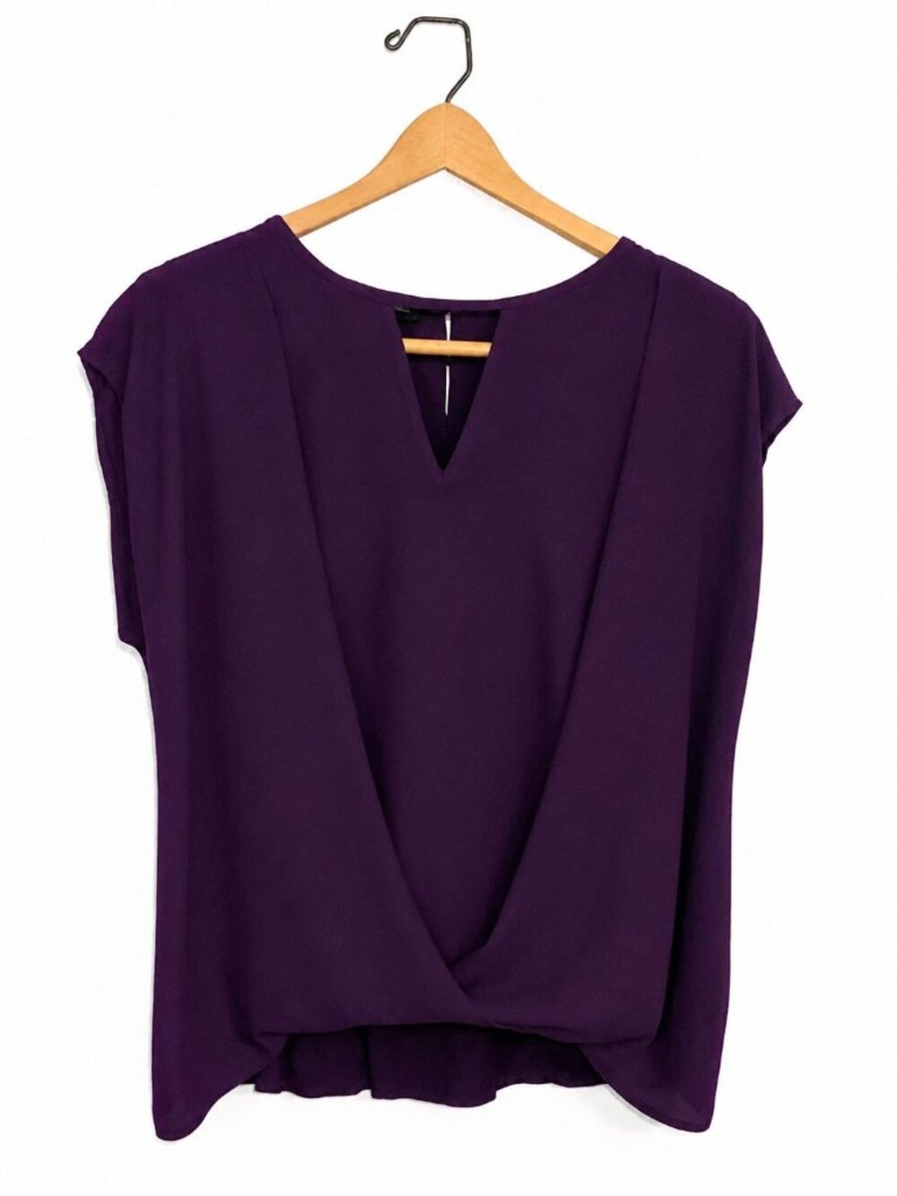 INC International Concepts Women's Purple Wrap Front Blouse L Cap Sleeve Dressy